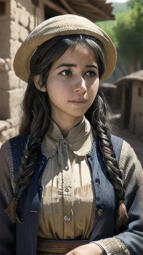 a young jew woman in a village, focus on the characters face