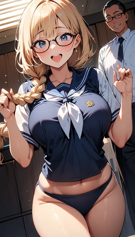 (high quality, 8k, 4K, High Contrast, masterpiece:1.2, 最high quality, Best aesthetics), (Dynamic Angle), ((1 female)), erotic, sexy, Mature Body, ＪＫ, , Braiding, Glasses, sexyな唇, Excited, chairman, Sailor suit:1.2, Open your mouth.