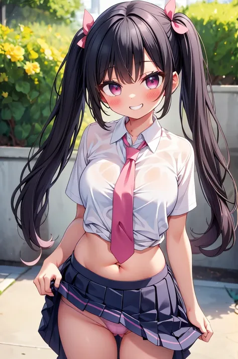 a girl showing her bare ass in the skirt and the tie is up, One girl, alone, skirt, underwear, panties, tie, smile, Twin tails, Garment Lift, shirt, View Viewer, Wet, belly button, skirt lift, pleated skirt, blush, white shirt, Camel Toe, , Black Hair, Wet...