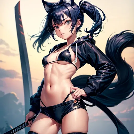 A girl with dark blue hair, cat ears and a tail, wearing a black bikini and racing pants　Loli body type　　Twin tails　　　　Flat Chest　Wearing a hoodie　Butt in detail　holding a ninja sword　Sun-shaped eyes