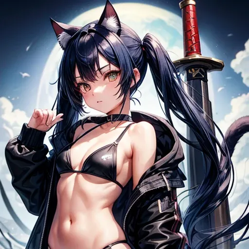 A girl with dark blue hair, cat ears and a tail, wearing a black bikini and racing pants　Loli body type　　Twin tails　　　　Flat Chest　Wearing a hoodie　Butt in detail　Holding a sword　Sun-shaped eyes