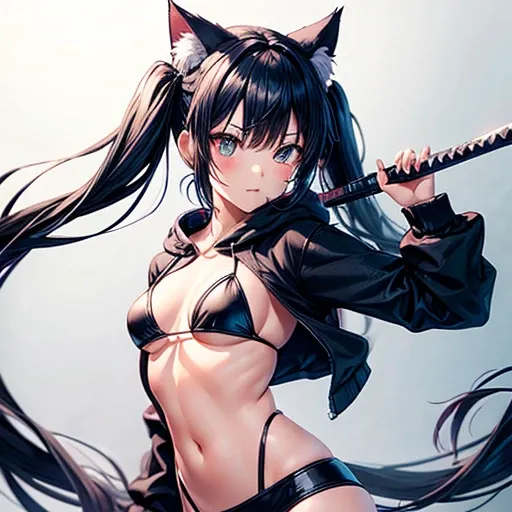 A girl with dark blue hair, cat ears and a tail, wearing a black bikini and racing pants　Loli body type　　Twin tails　　　　Flat Chest　Wearing a hoodie　Butt in detail　holding a ninja sword　