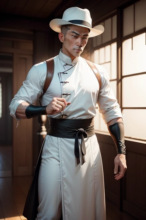 A man who knows kung fu，More similar to Ip man with long black sleeves white in the end of the wrist and with three white lines in the center of its outfit, with conical hat