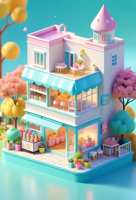 length, Cup House concept pop-up store design, Close to the leak, Rich background, Bright colors, illustration, Toy core, soft light, Dreamlike scenery, 4K Ultra HD, Isometric, Tilt Shift