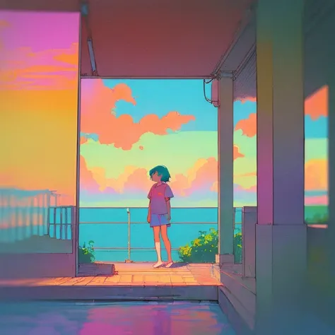 (((Lo-fi aesthetic))), Lo-fi aesthetic scenario, Lo-fi vibe, comfortable, summer, Warm colors, Lo-Fi Style, ((Lo-fi art style))