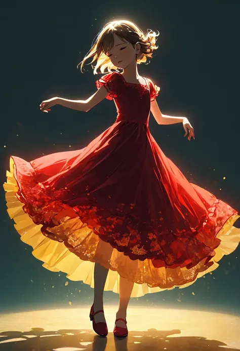 (masterpiece, best quality:1.1), (ultra highres, ultra-detailed:1.2) ,1girl, A girl dancing flamenco with tears,tween,cute,Crying loudly,(Scarlet dress),(fullbody,detailed face,(double exposure silhouette:1.5),Layered Dress,blank space, volumetric lighting...