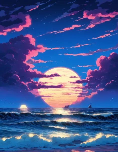 a painting of a full moon over the ocean with waves, a detailed painting by David B. Mattingly, tumblr, naive art, laurent durieux, moonlit ocean, douglas smith, charles burns, beautiful high contrast woodcut, kenton nelson, the artist is charles burns, ja...