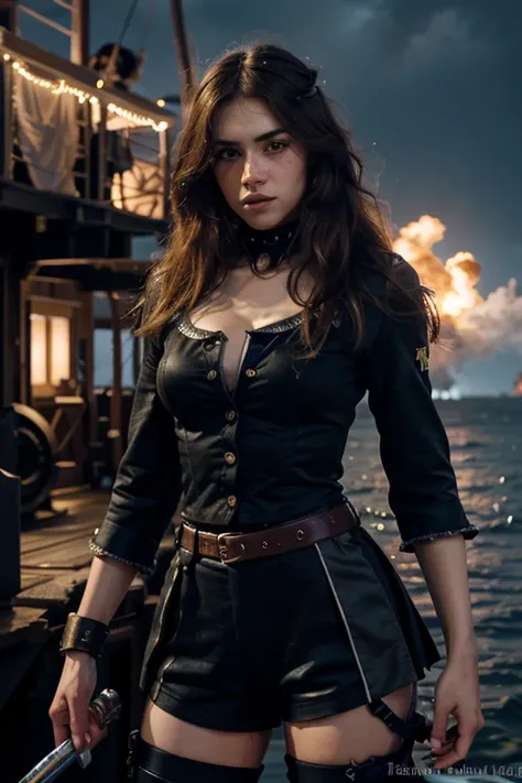 (Ultra quality: 1.2), (Ultra detailed: 1.2), (Ultra detailed clothing: 1.2), (Ultra detailed face: 1.2), (Ultra detailed eyes: 1.2), (Ultra detailed body: 1.2), (Ultra detailed weapons :1.2), 1 woman pirate, standing on deck, different hair colors, sword f...