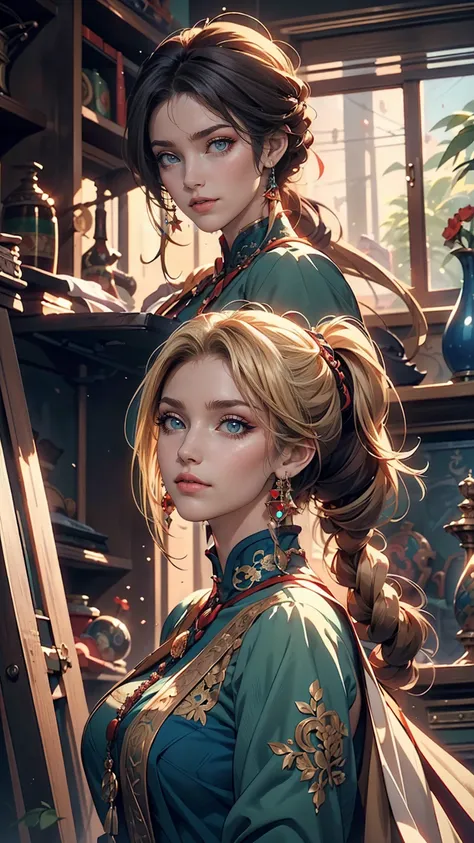 anime, High resolution, Woman close up ((Red braided low ponytail hair)) and (((the most beautiful Green eyes))) in (((Blue clothes))), (((determined)), 8k, Unreal EnGine 5, オクタンレンダリンG, by Kyun, GamanG, Yoon Gon-Ji, G.To, Gosonjak, Schloop, Severe, Dorm, N...