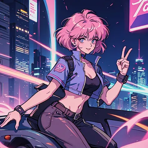 garota de short hair, short hair e rosa, Cyberpunk cityscape , City of night, colorful, anime the 90s, the 90s, praise, neon, Retro, Many stores, smile, Face Me , short hair, Pink Hair, Full Street