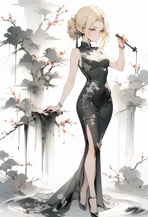 (masterpiece, best quality) detailed, silver accessories , The zipper is not closed , Blonde ,elegant, Pointed ears ，Chinese，cheongsam，whole body，Ink Painting，cross
