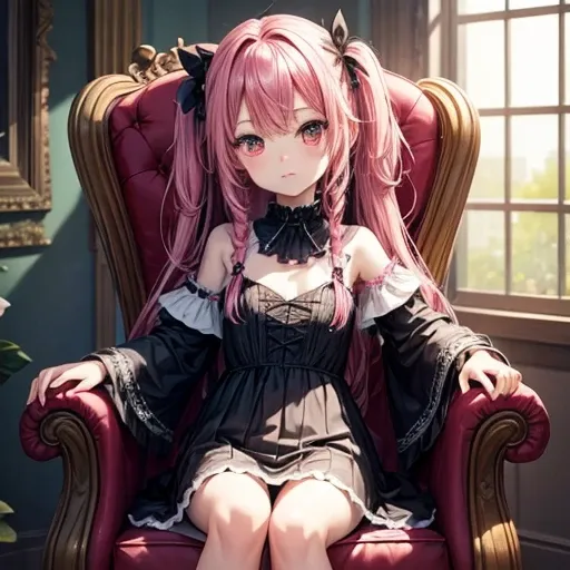 wear gothic loli　Pink Hair　Loli body type　Flat Chest　Sitting in a chair