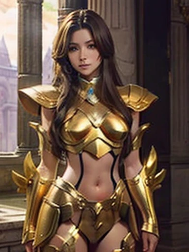 highest quality、realistic style、long brown hair、golden shining armor、small breasts、thigh exposure、navel exposed、have a big spear...