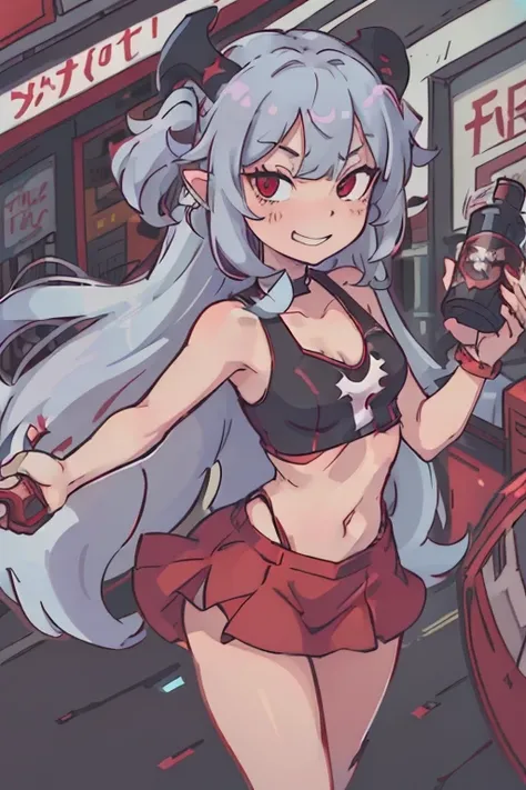 (best quality:0.8) perfect anime illustration, a pale pretty, happy woman with long really-curly lightblue hair and wine-red eyes on the street, wearing a red tube top, a black miniskirt covered in rhinestones, close up view of her face grinning mischievou...