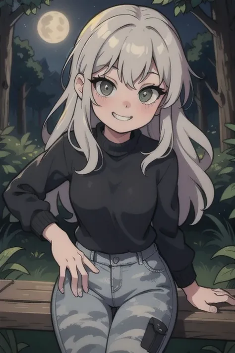 girl with black sweaters, gray camouflage pants, looking seductively at the viewer with a grin, forest at night,