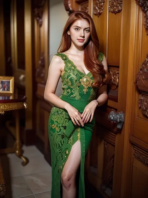 full body of a beautiful teenager, medium breasts, intricate dress, soft smile, red lips, ginger hair, green eyes, realism, digital painting, concept art, smooth, sharp focus, rule of thirds, Style-Psycho