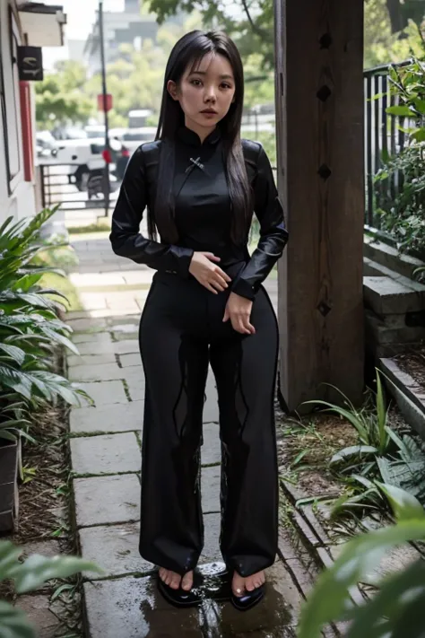 vietnamese girl sees the ghost and pees her black ao dai pants until her pants are wet in fright.