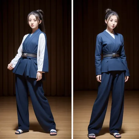 high resolution、Only 1 person、(Beautiful  in kendo suit and good style ponytail)、Full Body Shot