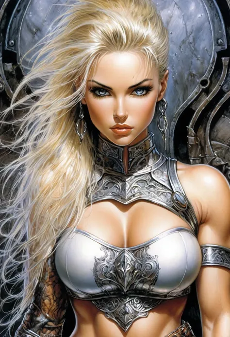 create a hyper detailed photograph of a luis royo tattooed muscular youthful glamorous girl, stunningly perfect gorgeous face, p...