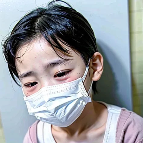 Handsome kindergarten boy with infectious disease、Appearance of suffering. He is wearing a white mask. He has a high fever. he is sleeping. He has a cough. He is exhausted. He is taking his temperature with a thermometer. He is dying. He is cooling his for...