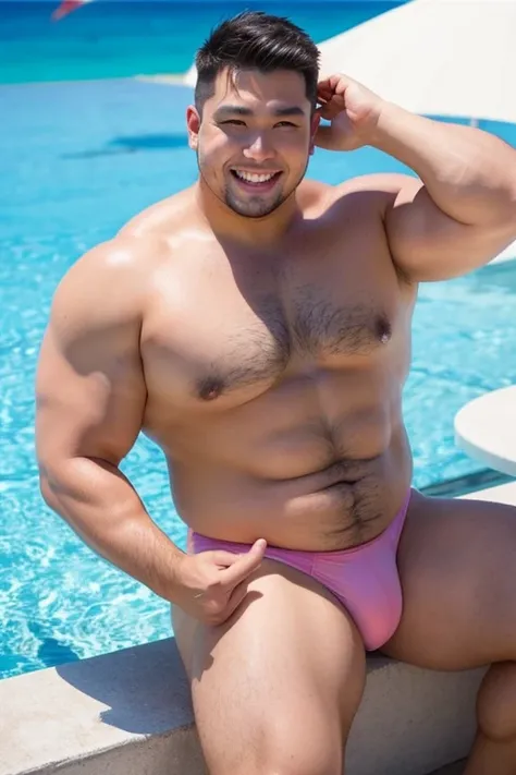 ((highest quality)), ((masterpiece)), (detailed), (Perfect Face), 4k, Shaved head, Young Japanese, Muscular, Fat body, Very big man, smile, White small swimsuit, Well-groomed fat face, Naked, Have power, Sitting with legs spread very wide, Highlights very ...