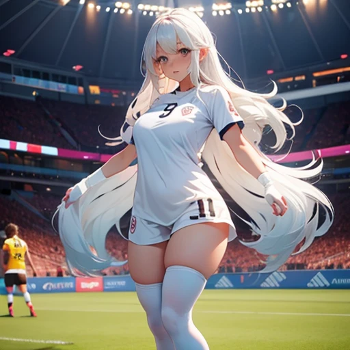 Cute girl, white , long hair, big breasts , thick thighs, masturbating, in a soccer goal