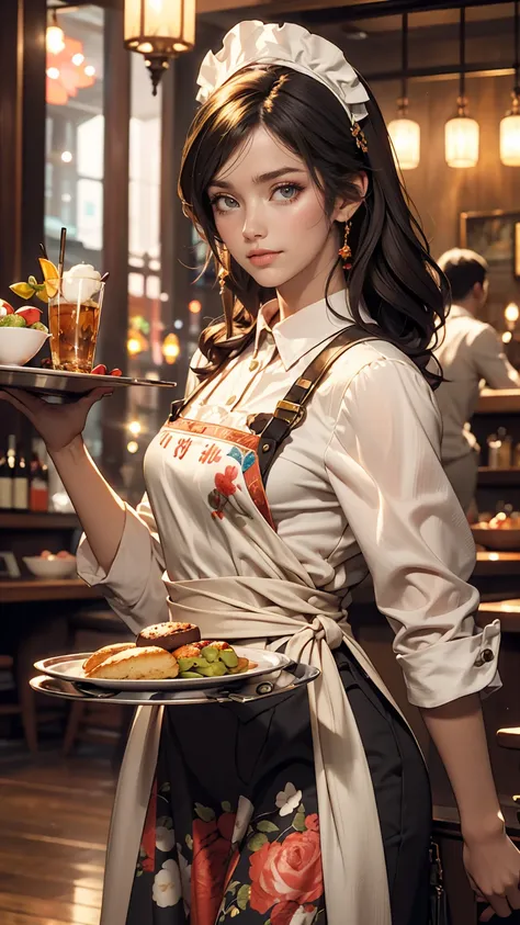 24-year-old woman、waitress、Put on a head dress、Holding a tray、Serving with a smile、Cowboy Shot