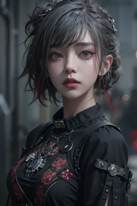 highest quality、8k、masterpiece：1.3、Gothic Punk、The inside color is red、Gray Black Hair、hair ornaments、Beautiful girl、creative、Punk Style、Neogoth、Goth Fashion：0.8、High resolution、masterpiece、highest quality、頭w:1.3、((Hasselblad Photos))、Fine skin、Sharp focus...