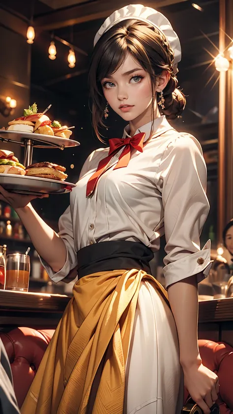 24-year-old woman、waitress、Put on a head dress、Holding a tray、Serving with a smile、Cowboy Shot、Hold the tray in front of your chest