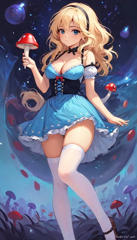 a beautiful 20 year old blonde woman with big messy hair in a blue dress, white stockings, black headband, cleavage, holding a glowing mushroom, fantasy art style, rossdraws cartoon vibrant, alice x. zhang, alice in wonderland cyberpunk, cute detailed digi...