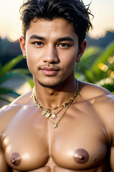 ((G guy mix face: (Booboo Stewart: 0.5) and (taylor lutner: 0.5))) as A handsome male warrior, muscled, fit, (big pecs: 1.3, big nipples: 1.3), large areolae, nipples rings))), X chain leather harness, of sparkling silver and gold, metal, polished, glossy ...