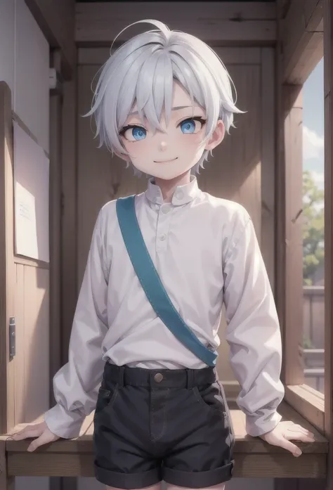 (1 boy:1.2), (solo:1.2), white hair,  masterpiece, blue sky, few clouds, grey eyes, cute prince clothes, (puffed long sleeves:1....