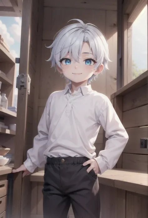 (1 boy:1.2), (solo:1.2), white hair,  masterpiece, blue sky, few clouds, grey eyes, cute prince clothes, (puffed long sleeves:1....