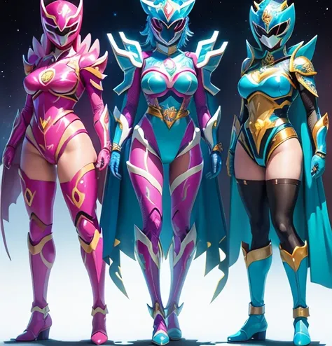 a group of four different colored superheroes standing next to each other, chiho aoshima color scheme, the secret seventh power ...