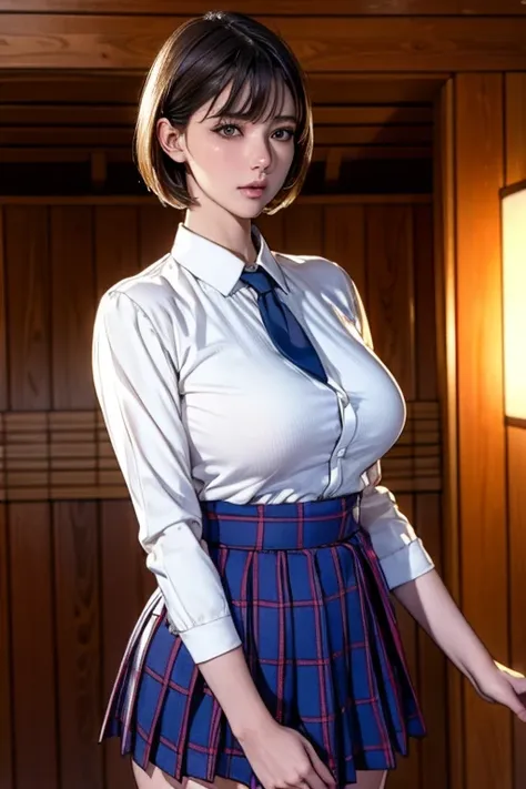 Sauna room , steam , waistband of skirt is at the point above chest , plaid skirt , pleated skirt , Tight shirt , white Shirt , school girl , skirt under breasts , skirt is near breasts area , skirt is adjacent to the chest , (hig彼st quality、8k、32k、masterp...