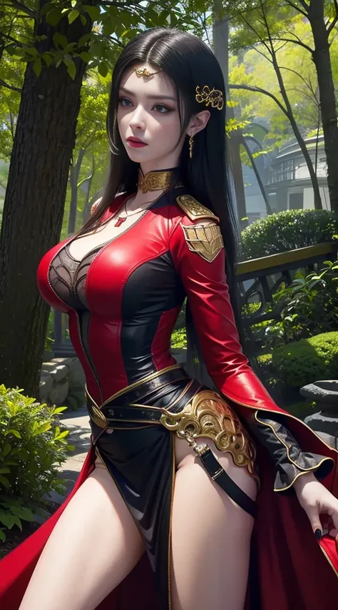 8k,Photorealistic, high resolution, 1 woman, hips up, Beautiful eyes, Long hair, ringed eyes, jewelry, tattoo, , in a garden,very tight uniform,huge  ,thin waist,sexy figure,upper body exposed,perfect ass,((red and black uniform)),deess is digged inside wo...