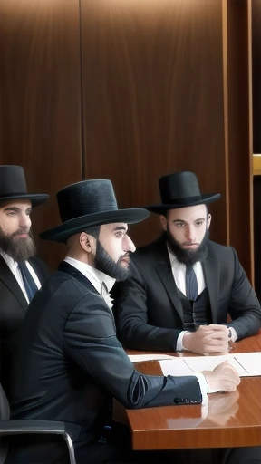 group of Hasidic Jews gathered in a meeting room with focus on the faces of the characters