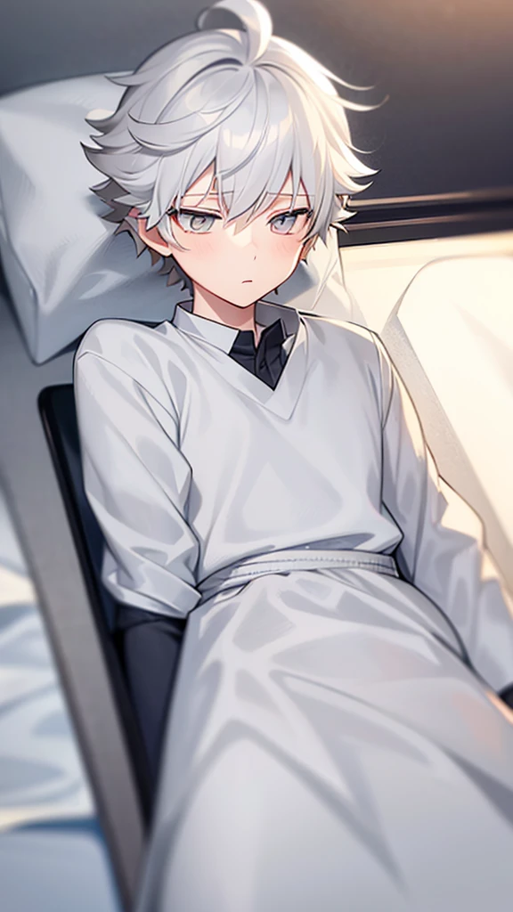 white hair, short hair, messy hair, grey eyes, prince clothes, sleeping