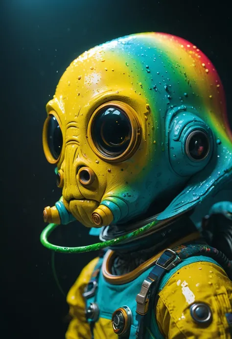 8K, ARTISTIC photogrAphy, best quAlity, mAsterpiece: 1.2), A (potrAit:1.2) Don Bluth Style  ASTRONAUT Cthulhu yellow Toon Doll, full body RAW candid cinema, cyan hair, 16mm, color graded portra 400 film, remarkable color, ultra realistic, sad admosphere, d...