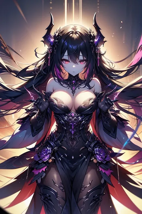 1 beautiful sexy Succubus Demon wearing detailed body jewelry, (dynamic pose), cowboy shot, extremely detailed, (fractal art:1.3), colorful, highest detail, ((cinematic lighting)) dressed in full bone body armor black dragon