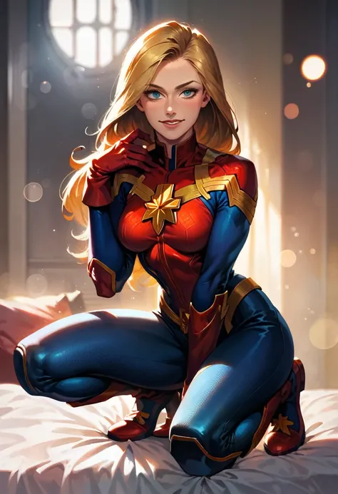 score_9, score_8_up, score_7_up, score_6_up, score_5_up, (high quality, detailed, beautiful), detailed soft lighting, rating_explicit, 1girl, Kim Possible, resting on her bed, looking sexy, beautiful eyes, open eyes, smiling, (Captain Marvel suit:1.2), (du...