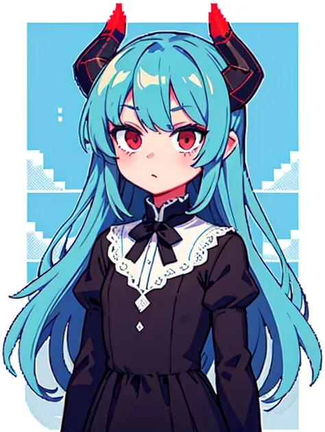 (pixel art:1.4), blue hair, long hair, curly hair, red eyes, revealing black dress, short skirt, mini horns, small horns, black horns
(upper body),
blue sky, white cloud