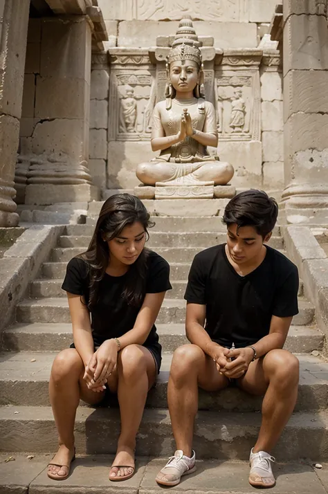 Assume that you are a photographer capturing a picture from the left side if the subject where a girl and a boy sitting on the steps of the temple where there are ancient temple interiors. 