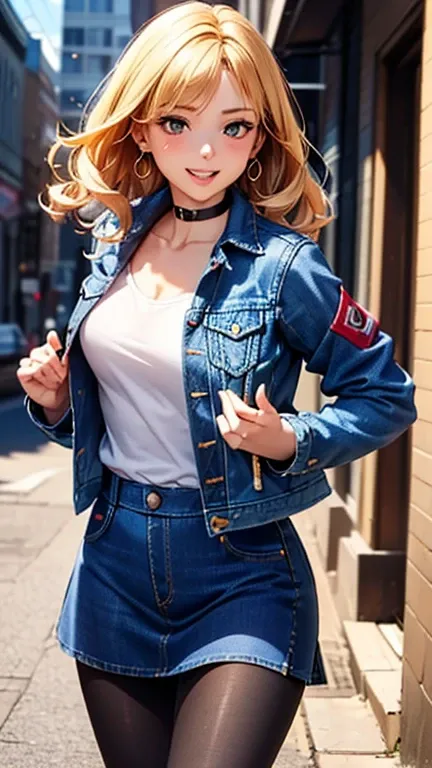 ANDROID 18, A girl is posing for a photo, cute女の子, Enchanting girl, 

(Blonde、Curly long hair、Shaggy Hair:1.4、Natural curls), (Red eyes), 
((Wearing a blue denim jacket correctly:1.6), (Denim skirt:1.4)、(Black Pantyhose:1.4))、Black choker、ring earrings、

(...