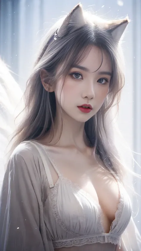 (highest quality、masterpiece、8k、Best image quality、Ultra-high resolution、Award-winning works)、A beautiful white-haired girl watches us from afar in the desert, Where light shines from the moon., wearing a simple black bra, tiny black short、Beautiful face d...