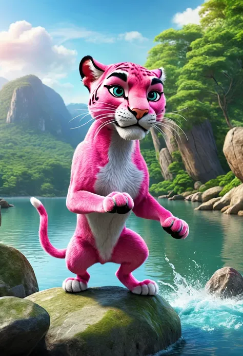 A pink panther ((aggressive), in attack position, rocks and lake around, highly detailed nature environment, high quality picture, hyper realistic, cinematic look, HD in 32k--ar 3:2--in style cartoon, draw