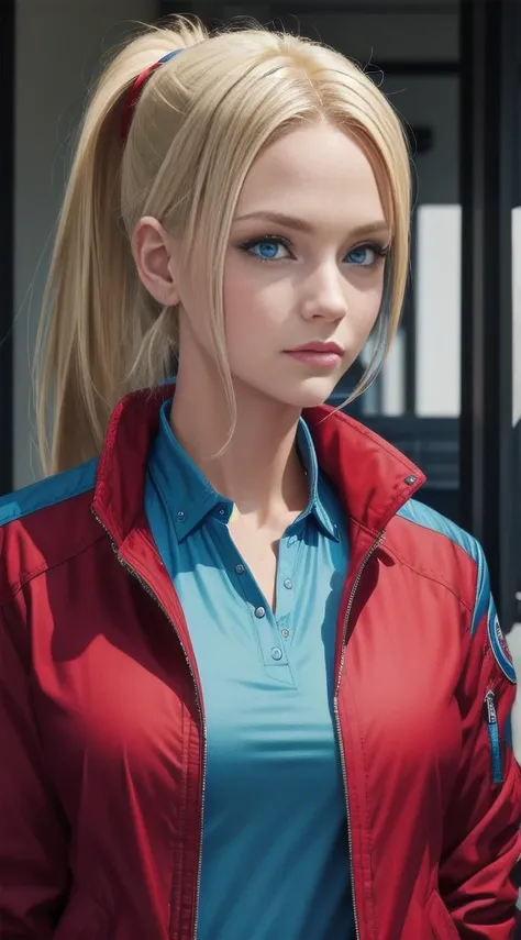 (Blonde, blue eyes, Ponytail, Blue shirt, Red Jacket, Women&#39;s Jeans, Sexy pose, Very detailed, masterpiece:1.2), High-definition quality, Extremely detailed, Practical, Vibrant colors, soft light, oil painting style