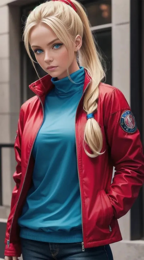 (Blonde, blue eyes, Ponytail, Blue shirt, Red Jacket, Women&#39;s Jeans, Sexy pose, Very detailed, masterpiece:1.2), High-definition quality, Extremely detailed, Practical, Vibrant colors, soft light, oil painting style