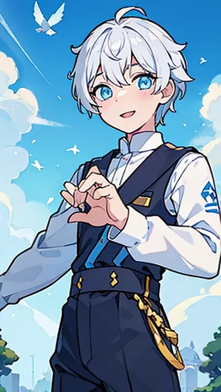 (1 boy:1.2), (solo:1.2), white hair,  masterpiece, blue sky, few clouds, grey eyes, cute prince clothes, (puffed long sleeves:1.2), short pants, , male focus, male body features, laying on the grass, （Best quality at best，tmasterpiece），1boy，short detailed ...