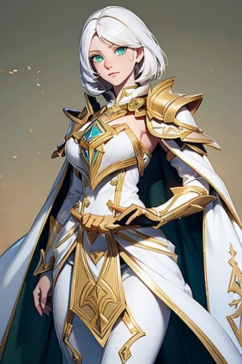 Female; white hair; green eyes; white and gold knight armor; white and gold helmet; white and gold cape; golden sword; castle